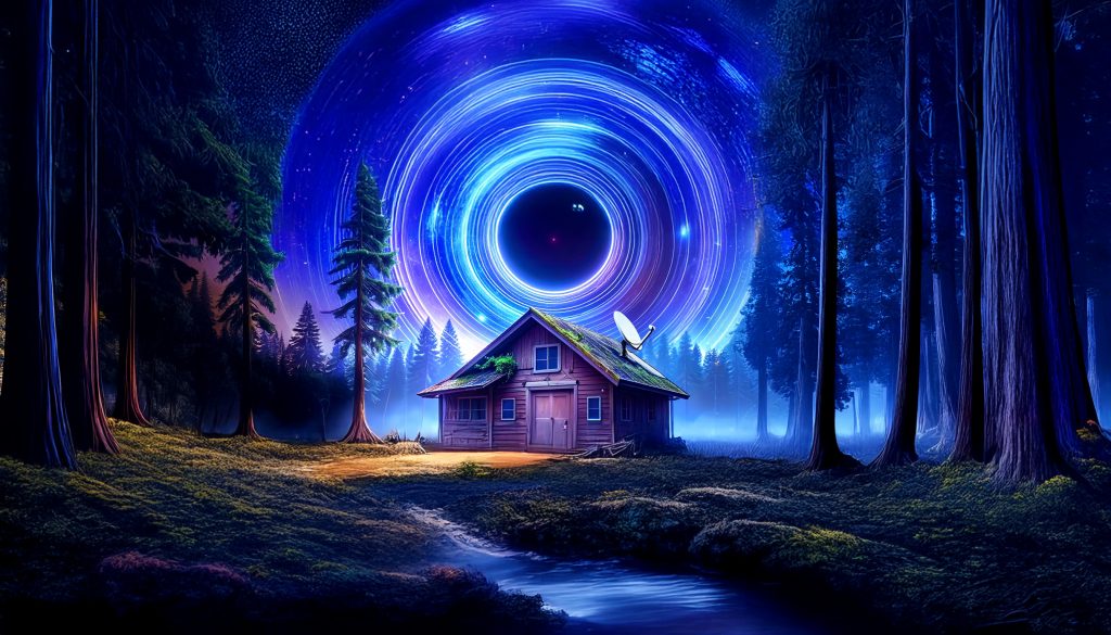 Banshee FM Radio Station hidden deep in the Olympic National Forest. Black hole swirls in night sky in background.