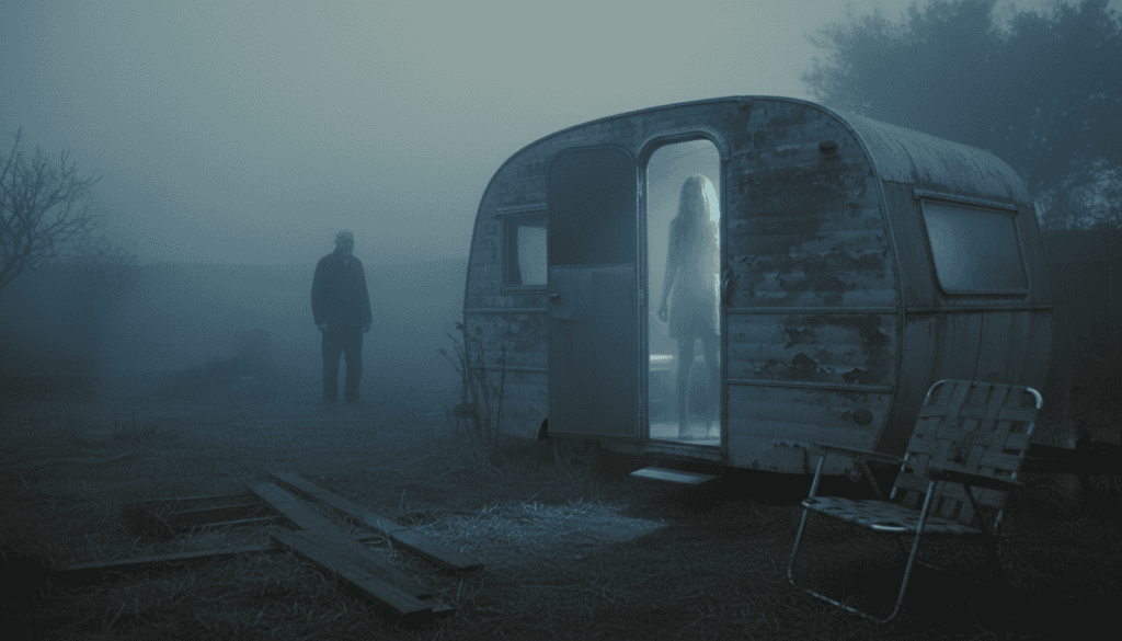 a ghostly woman stands in the doorway of a broken down trailer while and old man stands in the background