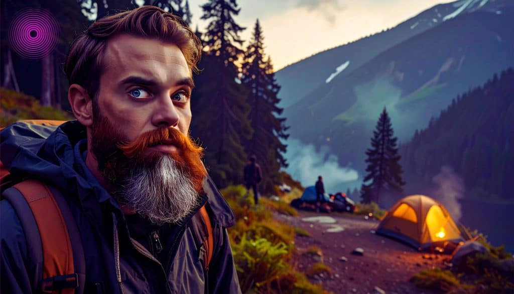 camper looks to the side of the forest with a campsite in the background and two dark figures standing at a distance