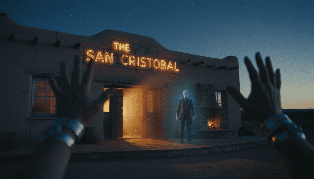 hands reach up in foreground towards an old southwest adobe building with The San Cristobal and a ghostly figure hovering outside